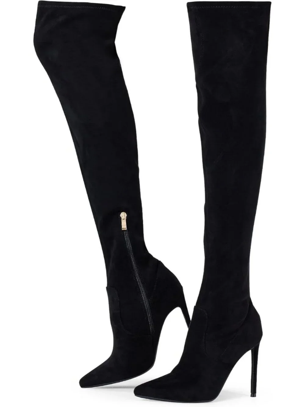 Women's Black Pointed Toe Suede Stiletto Heel Stretch Over The Knee Boots